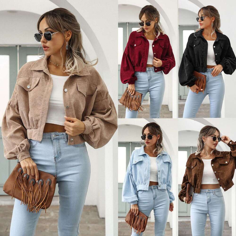 Best-seller fait maison automne hiver veste en velours côtelé décontractée avec col rabattu manches lanterne manteau court à simple boutonnage po