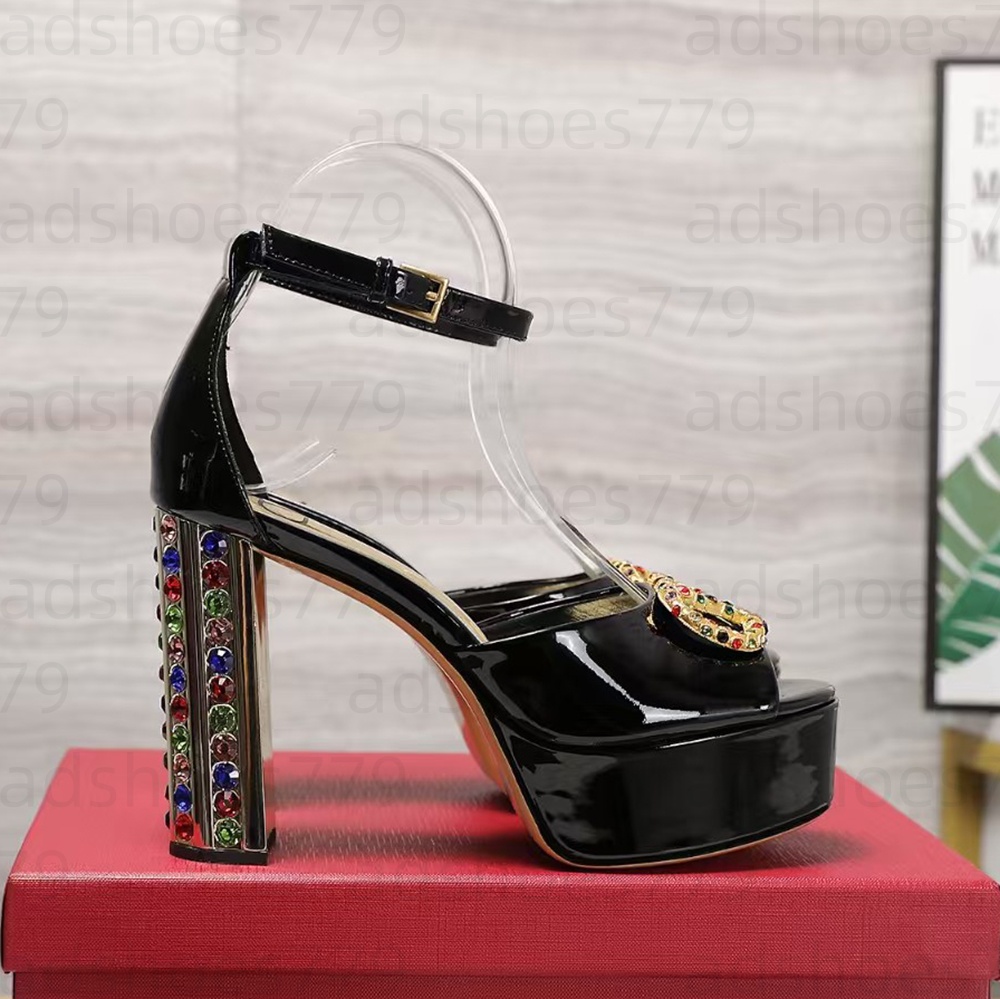 Sandales à plateforme en cuir verni de qualité supérieure, gros bloc, talons hauts, bride à la cheville, escarpins à talons hauts, chaussures de