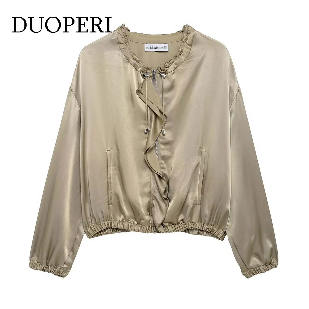 DUOPERI Women Fashion Spring Khaki Ruffled Jackets Vintage ONeck Long Sleeves Female Chic Lady Outfits 250818