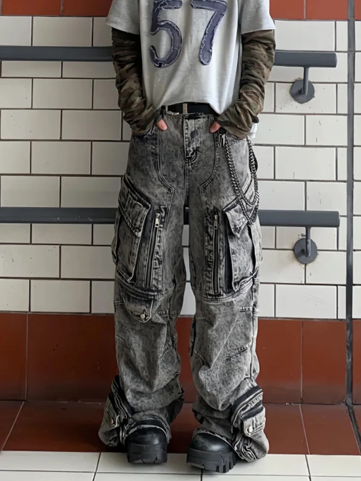 Workwear Sle Loose Fit Cargo Jeans Mens American Streetwear Heavy Du Waed Multi ket Wide Leg Pants 250818