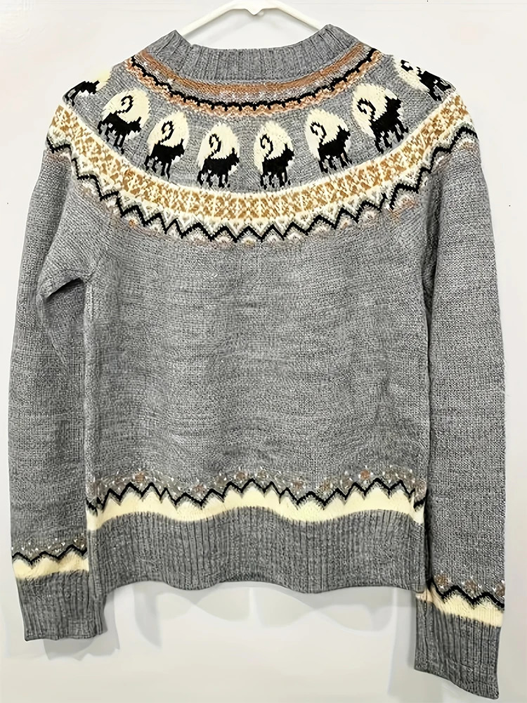 Plus Size Womens Retro Pattern Long Sleeve Sweater Round Neck Pullover Grey Choice for Autumn and Winter 250818