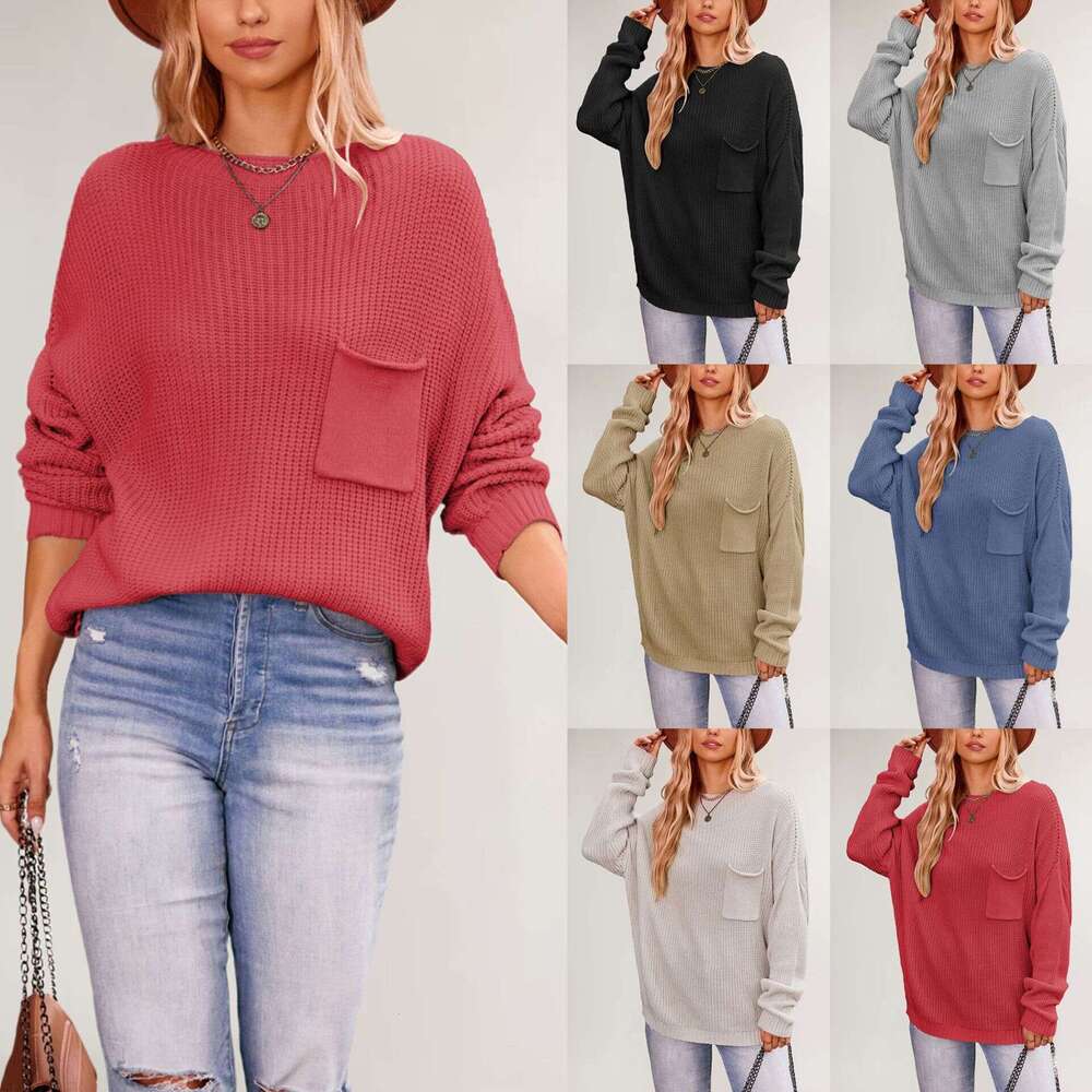 Winter New Women's Solid Color Pocket Round Neck Knit Christmas Loose Plus Size Sweater B5