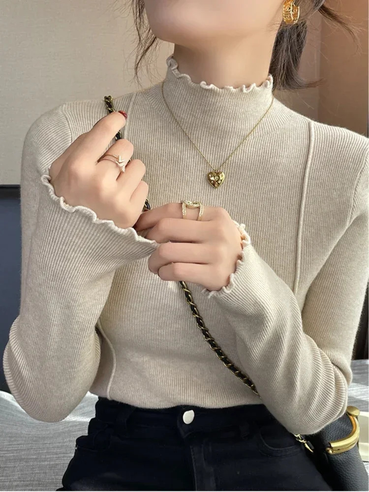 Autumn Winter Chic Ruched Turtleneck Sweaters Women Fashion Pullover Long Sleeve Knitted Jumpers Soft Warm Pull Femme Top 250818