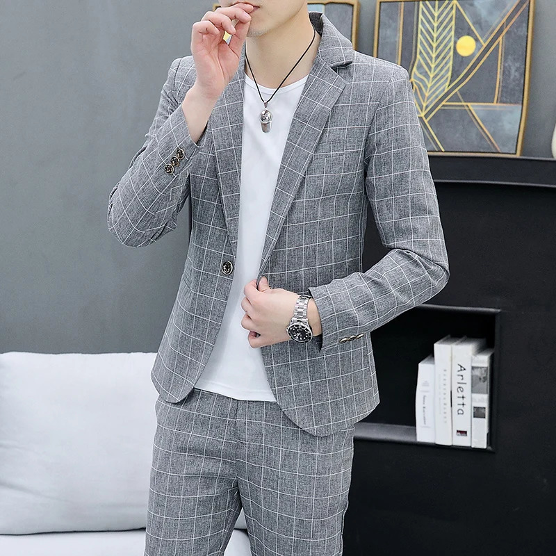 Korean Slim Fit Two-Piece Suit Set Casual Trendy British Style Spring Autumn Handsome Coat with Trousers Hair Stylist Fashion 250811