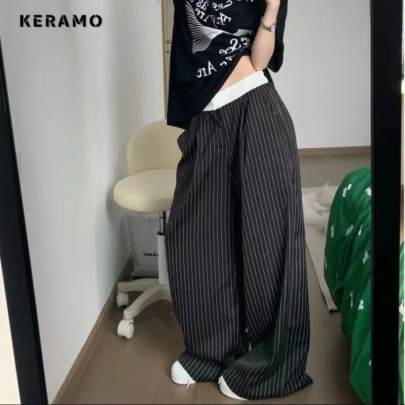Spring Casual Striped Print High Waist Wide Leg Patchwork Pants Womens Baggy Fashion Loose Fit Soft Full Length Trousers 250819