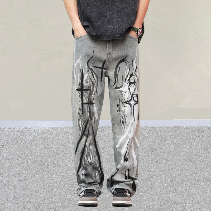 Cyber Y2K Style Flame Graffiti Distressed Blue Baggy Jeans Pants For Men Clothing Rock Dark Streetwear Denim Trousers 250818