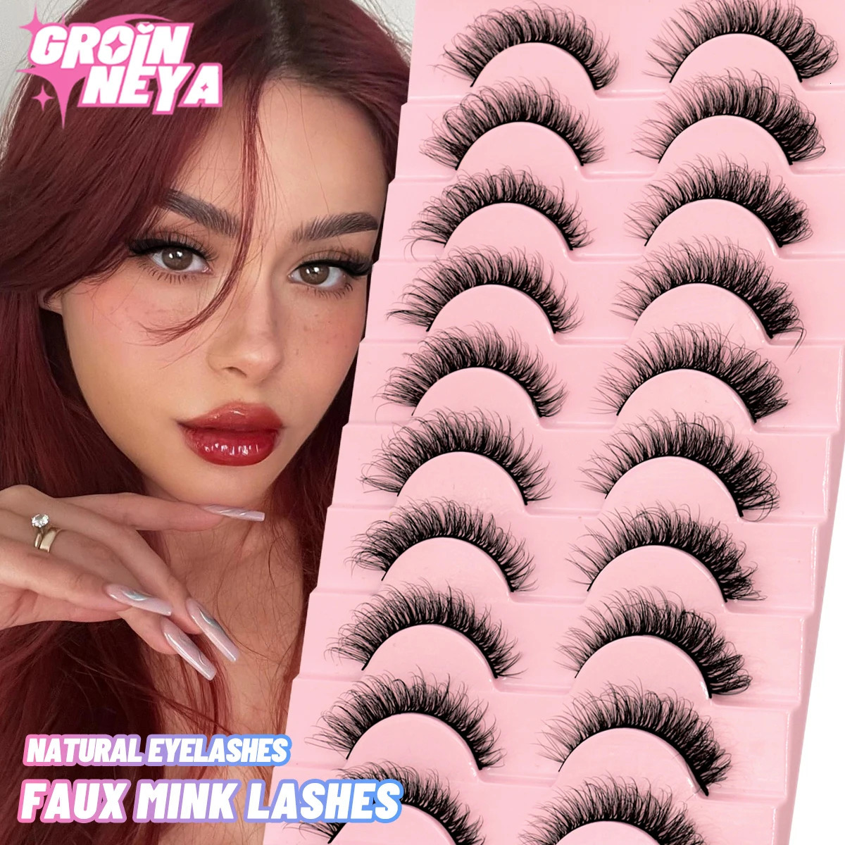 GROINNEYA Cat Eye lashes Natural Long 3D Mink False Eyelashes Winged End Elongated Lashes Short 250811