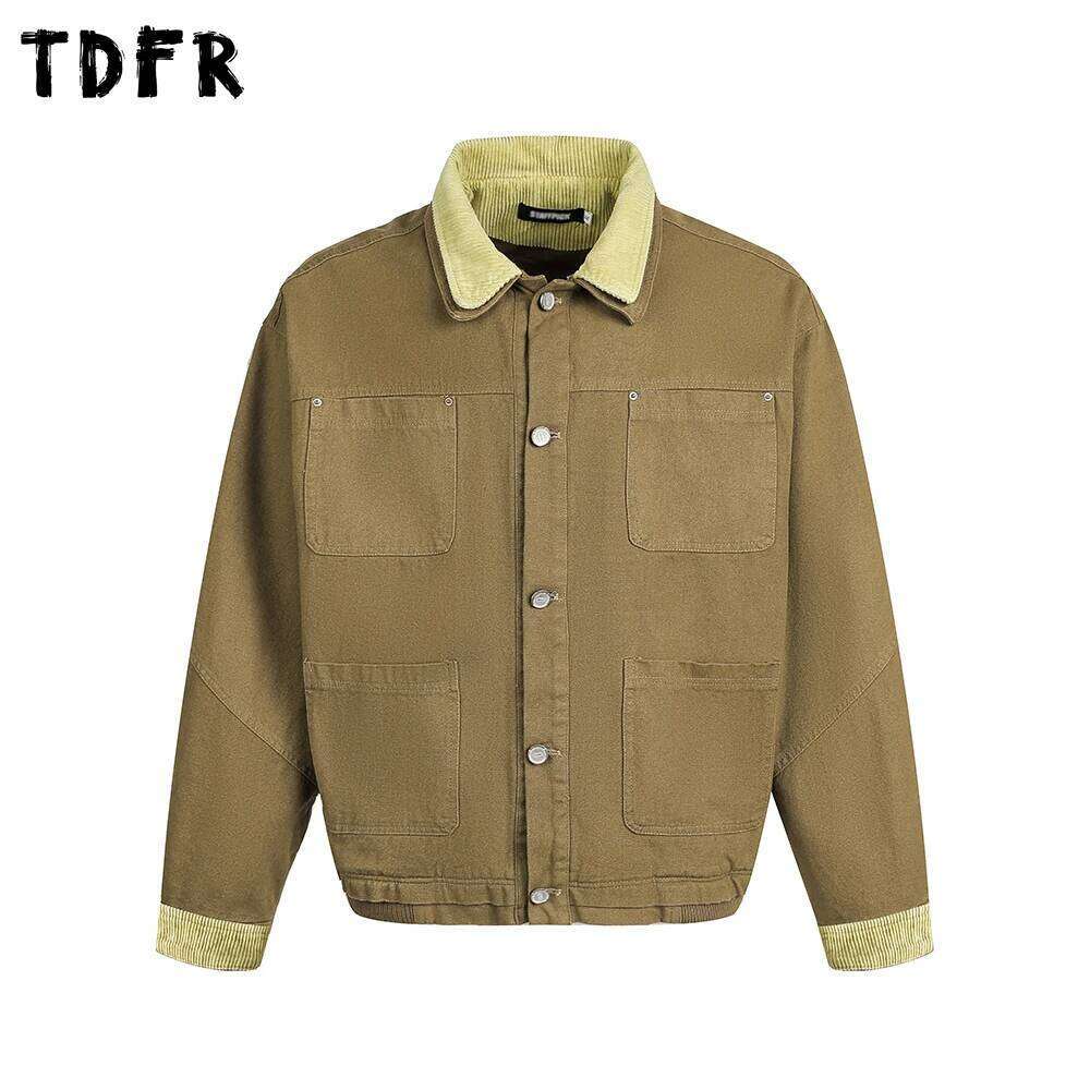 Multi-Pocket Spliced Mens Autumn Retro Casual Single Breasted Lapel Long Sleeve Loose Jacket Man Outerwear