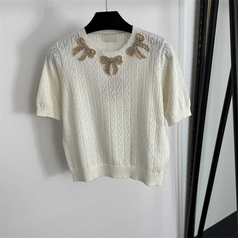 Rhinestone embroidered bow decoration designer t shirt women Hollow short-sleeved knitted tshirt Elegant Round neck top