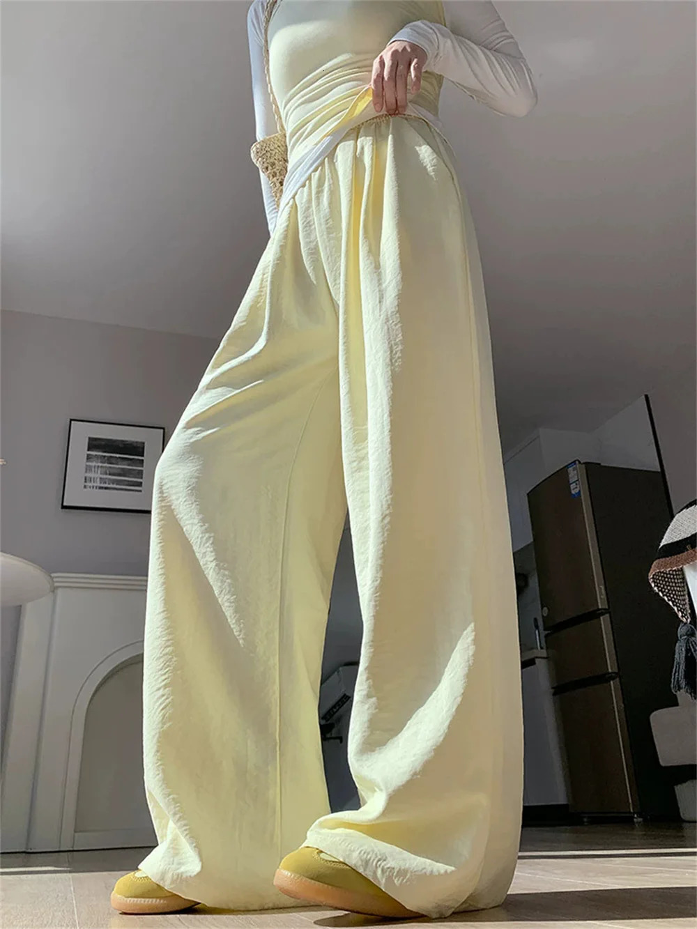 Thin Wide Summer Pants Women Long Yellow Trousers Ice Silk Black High Waist Loose Straight Women Summer Wide Leg Pants clothes 250819