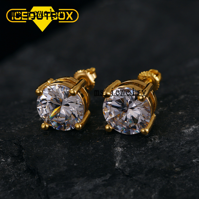 Hip Hop Earrings for Men and Women 8mm Round Moissanite Paved Gemstone Earring Gold Plated Jewelry Silver Earring