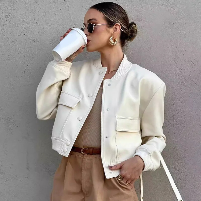 Women Fashion With Pockets Bomber Jacket Coats Vintage Long Sleeve Front Button Casual Female Outerwear Chic Tops 250818