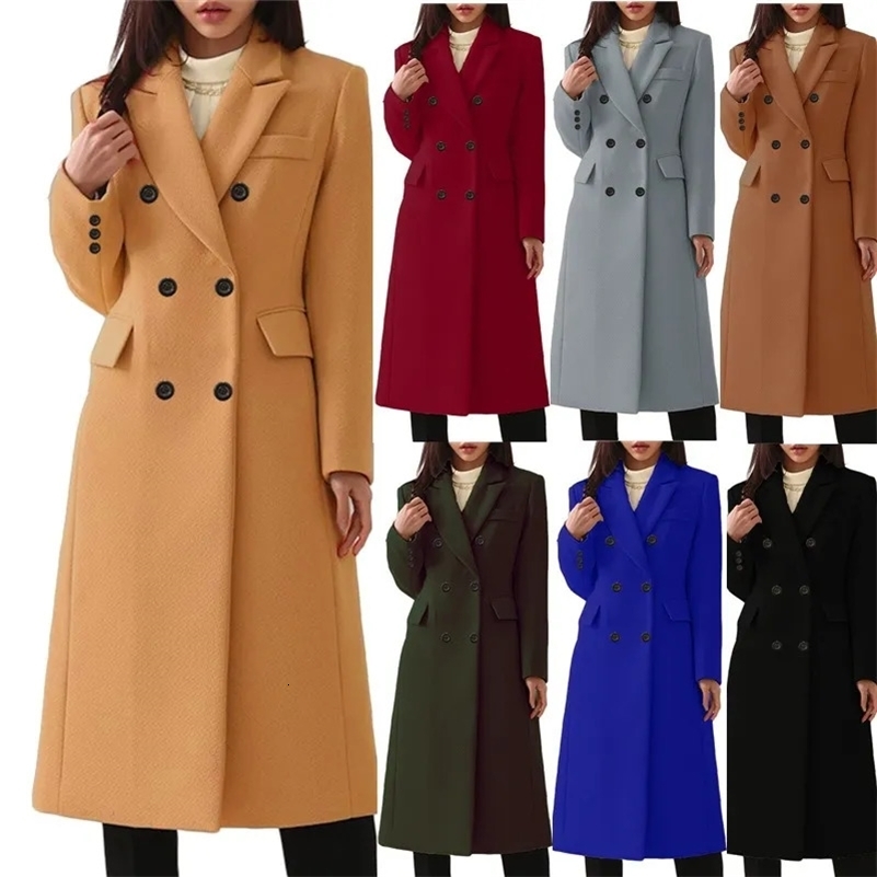 Autumn Winter Warm Large Coat Women Vintage Cardigan Double Breasted Woolen Coat Women Long Sleeve Turn-down Collar Woolen Coat 250818