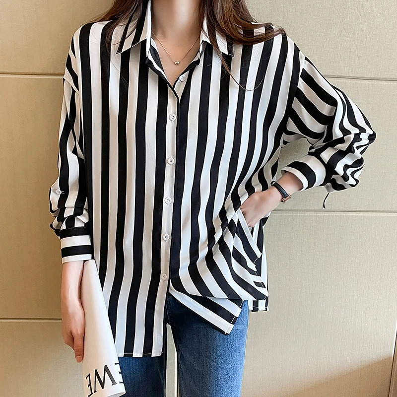 Chemise rayée pour femmes boutones coulées à col à collier long chemisier à manches longues noires et blancs Tops classiques 250813