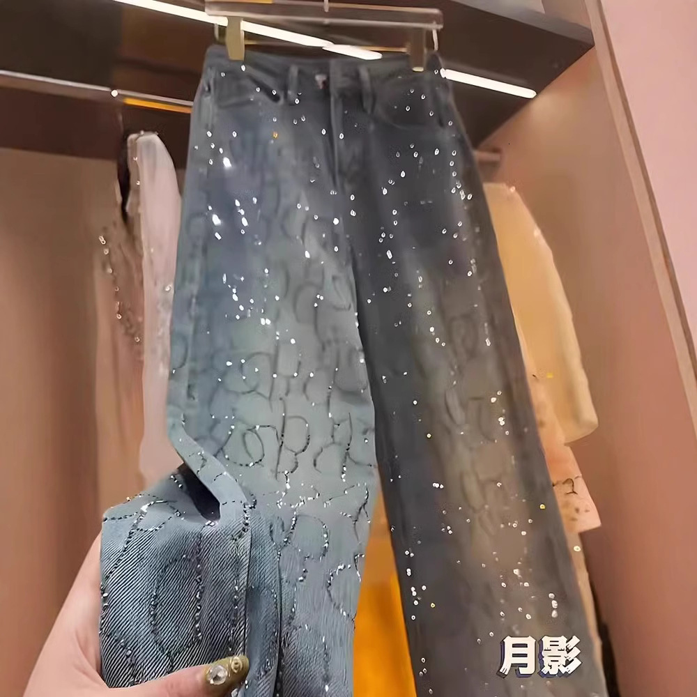 Free Shipping Designer 2025 Spring New Heavy-duty Craftsmanship High-end Multifunctional High Waist Slim Straight Leg Pants Blue Two Tone Rhinestone