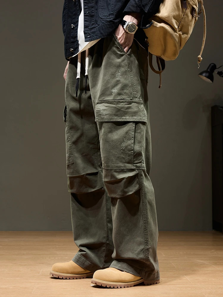 Mens Baggy Cargo Pants with 6 Pockets 100 Cotton Drawstring Elastic Waist Wide Leg Workwear Casual Plus Size 8XL 250815