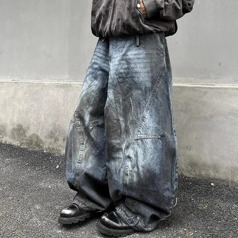 Fashion American High Street Retro Do Old Color Reverse Wear Flip-chip Machete Jeans Men Y2K Lazy Wide-leg Pants 250818
