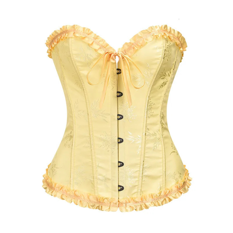 Yellow Jacquard Ruffled Trim Boned Sexy Overbust Push Up Bustier Top Corset Mujer Slimming Corsets For Women Sexy Gothic Clothes 250818