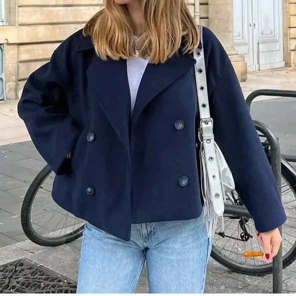 2025 Women Vintage Double Breasted Buttons Full Sleeve Short Coat Loose Outerwear Autrumn Collar Jacket Commuting 250818
