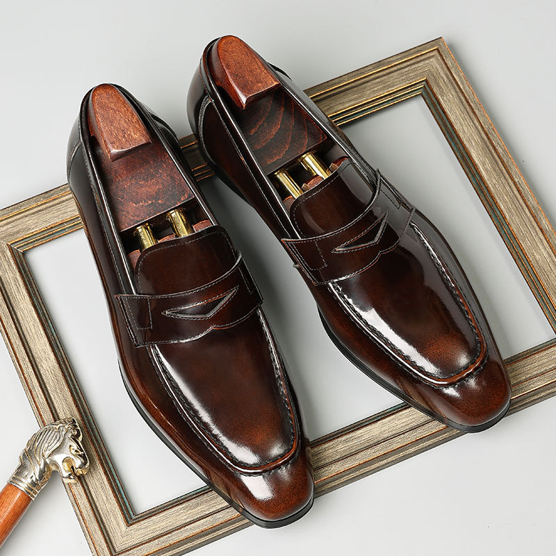 Open beads shiny cowhide handmade, gentleman lazy footwear shoes, genuine leather business men's shoes, square toe loafers