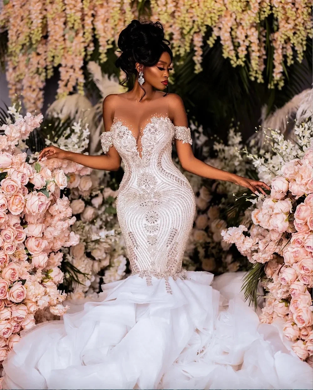 2026 Arabe Aso Ebi Sirène Robes de mariée hors de l'épaule Crystals de perles