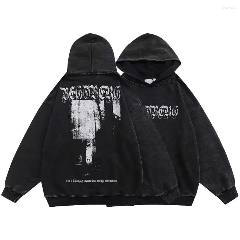Men's Hoodies Gothic Vintage Washed Letter Print Sweatshirts Streetwear Skeleton Hoodie Cotton Long Sleeve Pullover Hip Hop Hoody