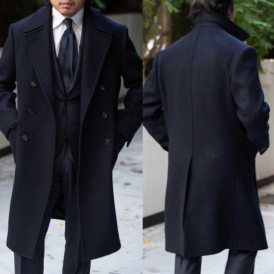 Vintage Men's Long Coats Wool Double Breasted Notched Lapel 1 Piece Coat Business Occasion Outdoor Warm Customized