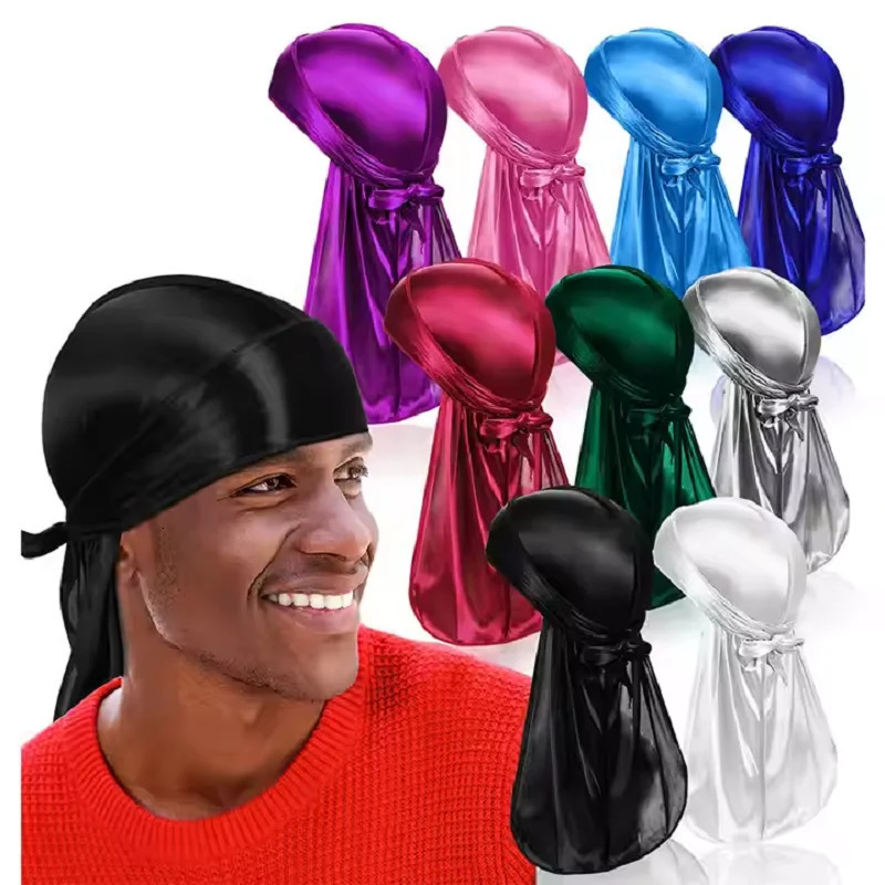 Solid Color Casual Durag Silky Durag For Men Pirate Hat Chemo Caps Satin Bandana Elastic Turban Cap Cycling Hats250812