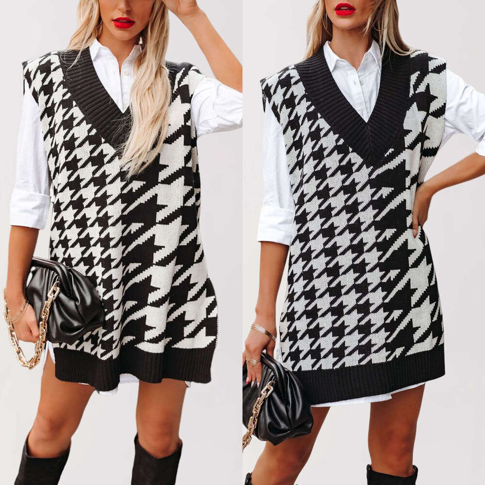 Autumn And Winter New Loose V-Neck Houndstooth Knitted Sweater Sleeveless Vest B5