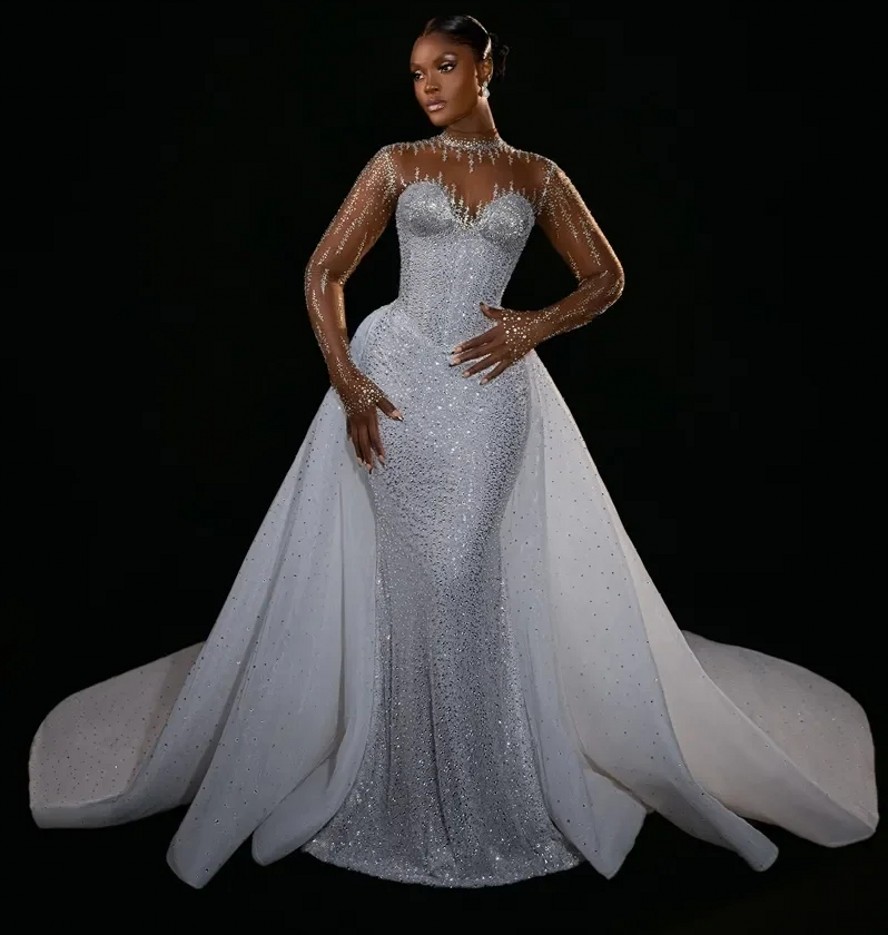 2026 Plus Size Mermaid Wedding Dress Beaded Sequins High Neck Illusion Long Sleeves Bridal bRIDE Gowns Black Women African Vestidos De Noiva