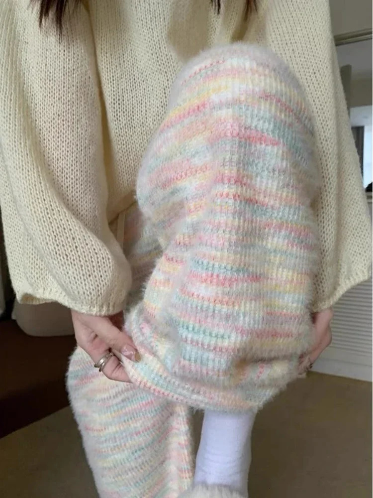 HOUZHOU Sweet Rainbow Tie-dye Women Pants Casual Kawaii Warm Knitted Trousers Baggy Cute Japanese Fashion Autumn Soft Sweatpants 250819