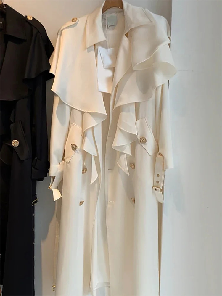 Elegant Beige Trench Coat for Women 2025 Fashion Autumn Temperament Lady Mid-long Windbreaker Long Sleeve Casual Overcoat 250818