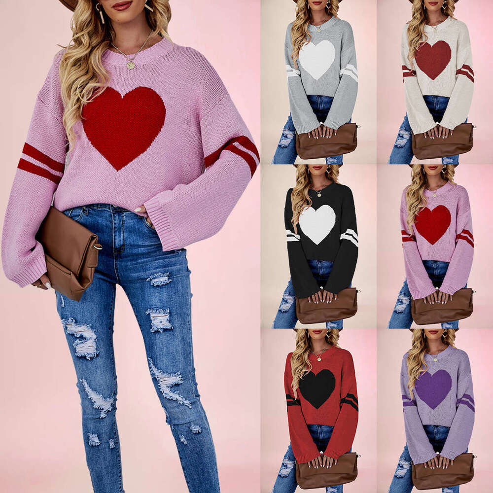 Winter New Valentine's Day Women's Loose Round Neck Pullover Sweater Heart Design B5