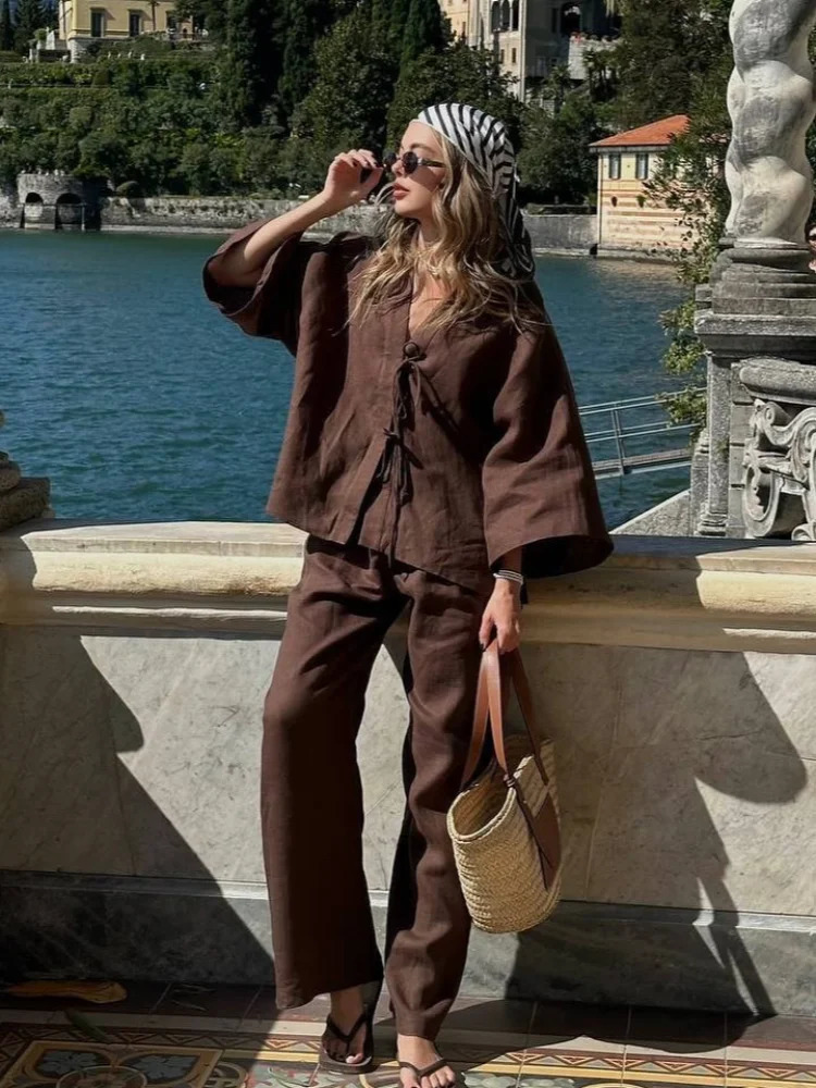 Brown Cotton Linen Loose Pants Set Womens Oversized V- Neck Buttons Shirts Suit Lady Summer Casual Daily Street Outfits 2025 250818