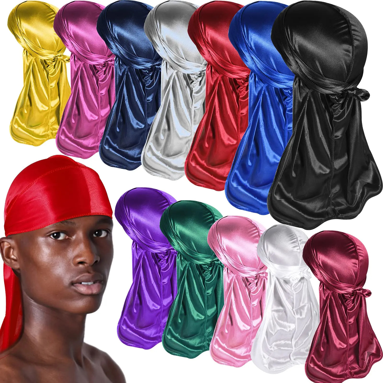 Solid Color Silk Satin Durag Headwear Soft Long Tails Headbands Turban Waves Cap Headwrap Hats Beanie For Men Hair Accessories250812