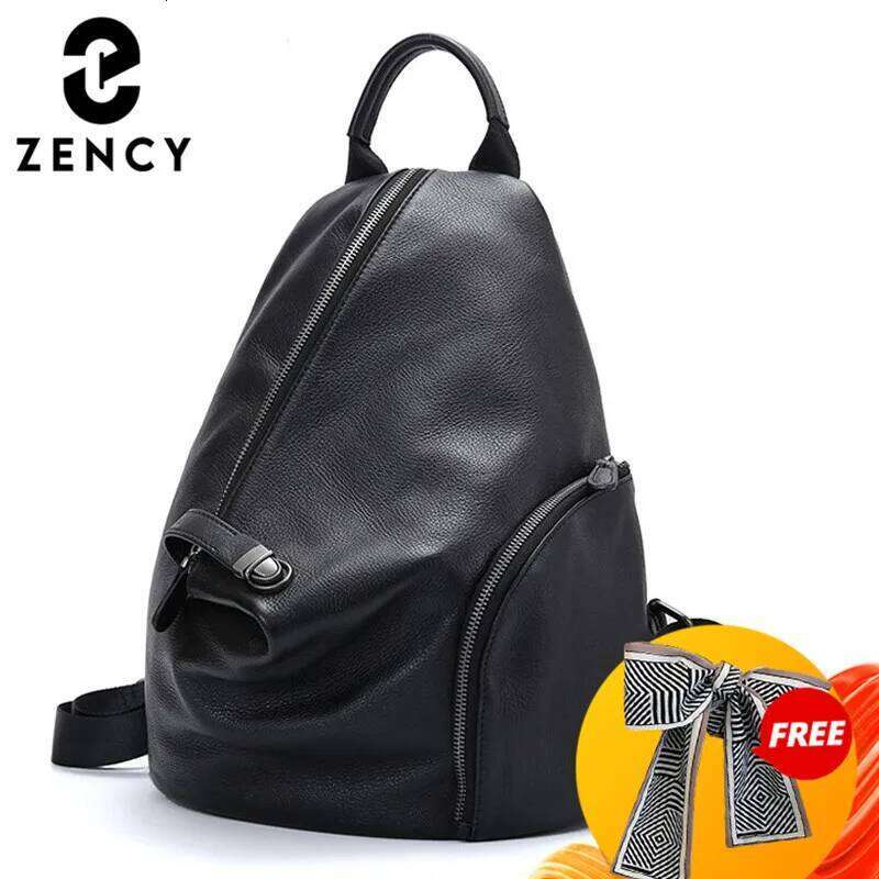 Zency Women's 100% Leather Backpack For Summer Classic Black Student's Schoolbag Lady Knapsack High Quality Zipper Buckle 250819