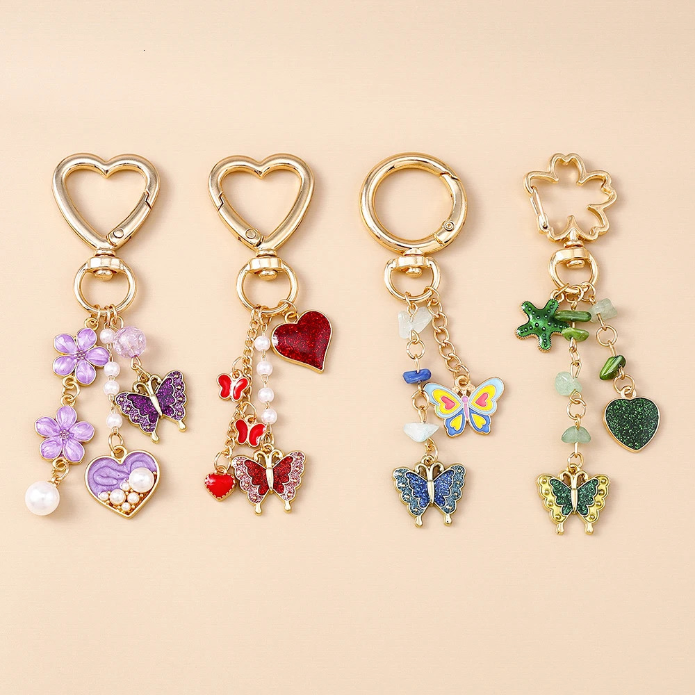 Mignon en émail fleur papillon porte-clés femmes filles aiment coeur clés clés pendentifs de sac à main décoration bricolage bijoux faits à la ma