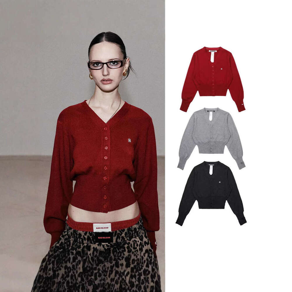 Red V-Neck Sweater American Style Knitted Cardigan Elegant Slimming Short Coat For Women Autumn Trend B5