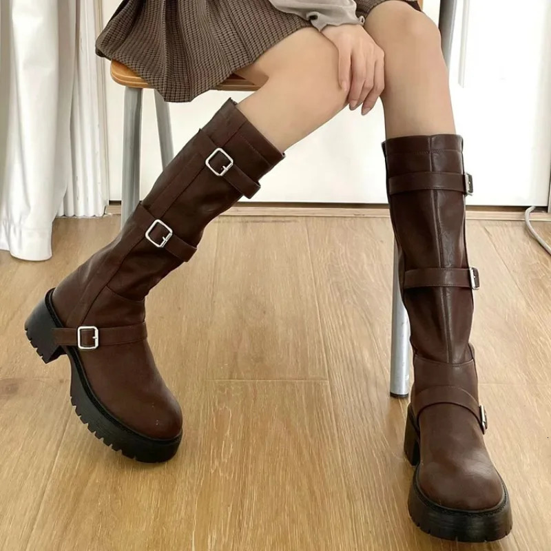 Chaussures dames knee-high womens bottes concises bottes modernes femmes ceinture boucle rond à orteil plate-forme talon de talon glissade sur ch