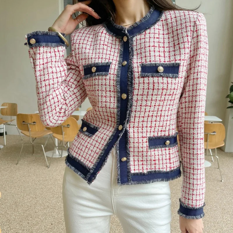 Hmsevenjz Tweed Plaid Woolen Coat for Womens Autumn/Winter O-neck Long-sleeved Single Breasted Fringed Jacket Female Clothes 250815