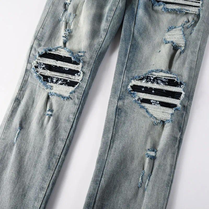 Men's Jeans Street Designer Fashion Men Retro Blue Stretch Skinny Fit Ripped Bandanna Patched Y2K Hip Hop Brand Denim Pants