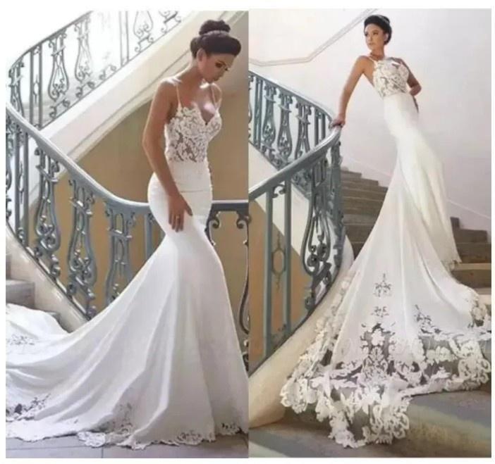 Sexy Country Lace Appliqued Mermaid Wedding Dresses Bridal Gowns Vintage Spaghetti Open Back Beach Bohemian Bridal Gown