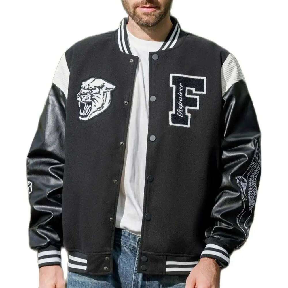 Men's Varsity Bomber Leather Patchwork Vintage Baseball Jackets Animal+Letter Embroidery Coats Autumn&Winter Outerwear