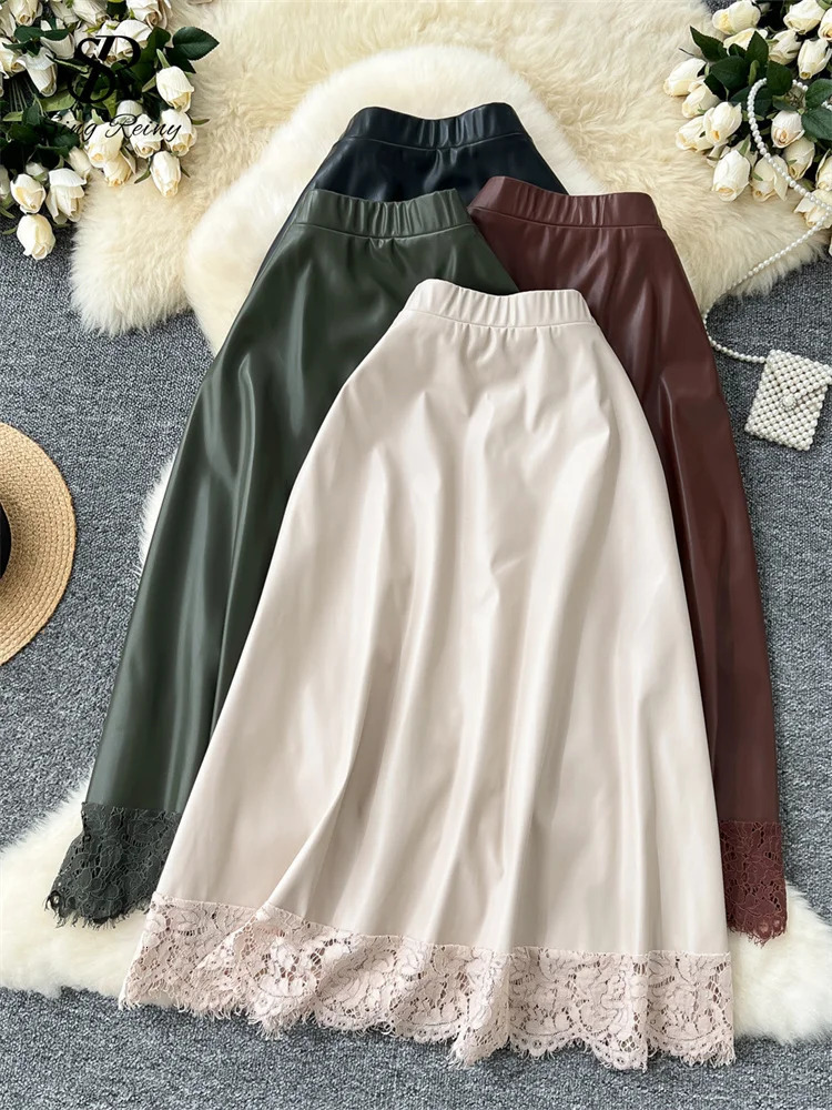 SINGREINY Autumn Senior PU Skirt High Elastic Waist Lace Spliced A Line Women Korean Style Fashion OL Versatile 250818