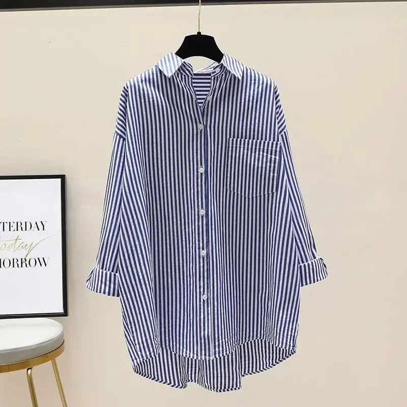 Striped Shirt Women Shirts Summer Autumn Fashion Female Office Lady Loose Blouse Long Sleeve Sun Protection Tops Casual 250813
