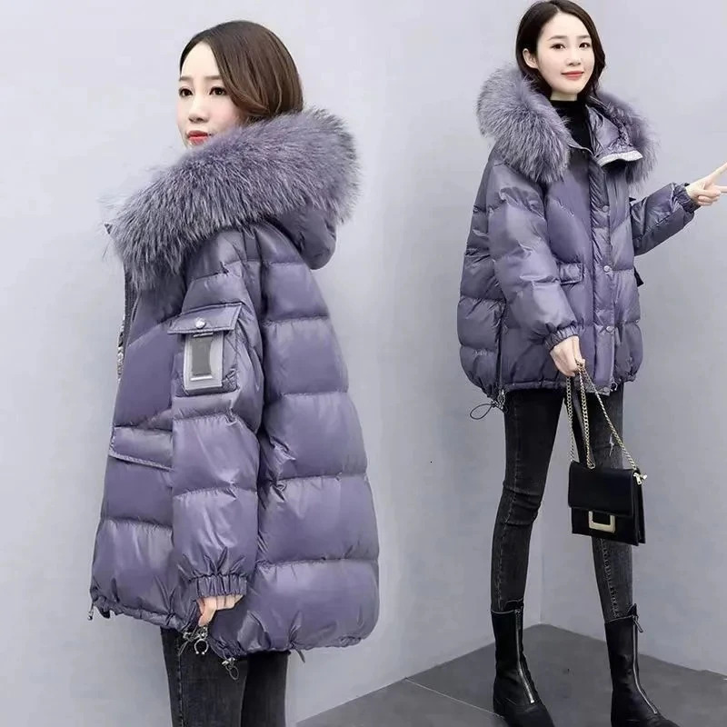 Veste en coton chaude d'hiver avec grand collier à collier de fourrure à capuche lâche femme épaississeur parde par verseurs par verseurs.