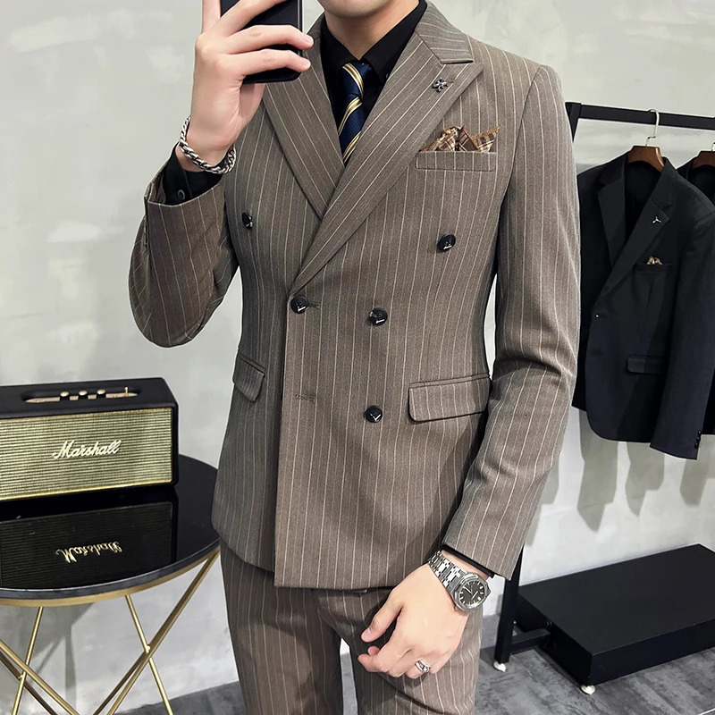 Slim Fit Double-breasted Striped Suit Vest Trousers 3-Piece Set Korean Fashion M-7XL Mens Fashionable Striped Three-piece Suit 250811