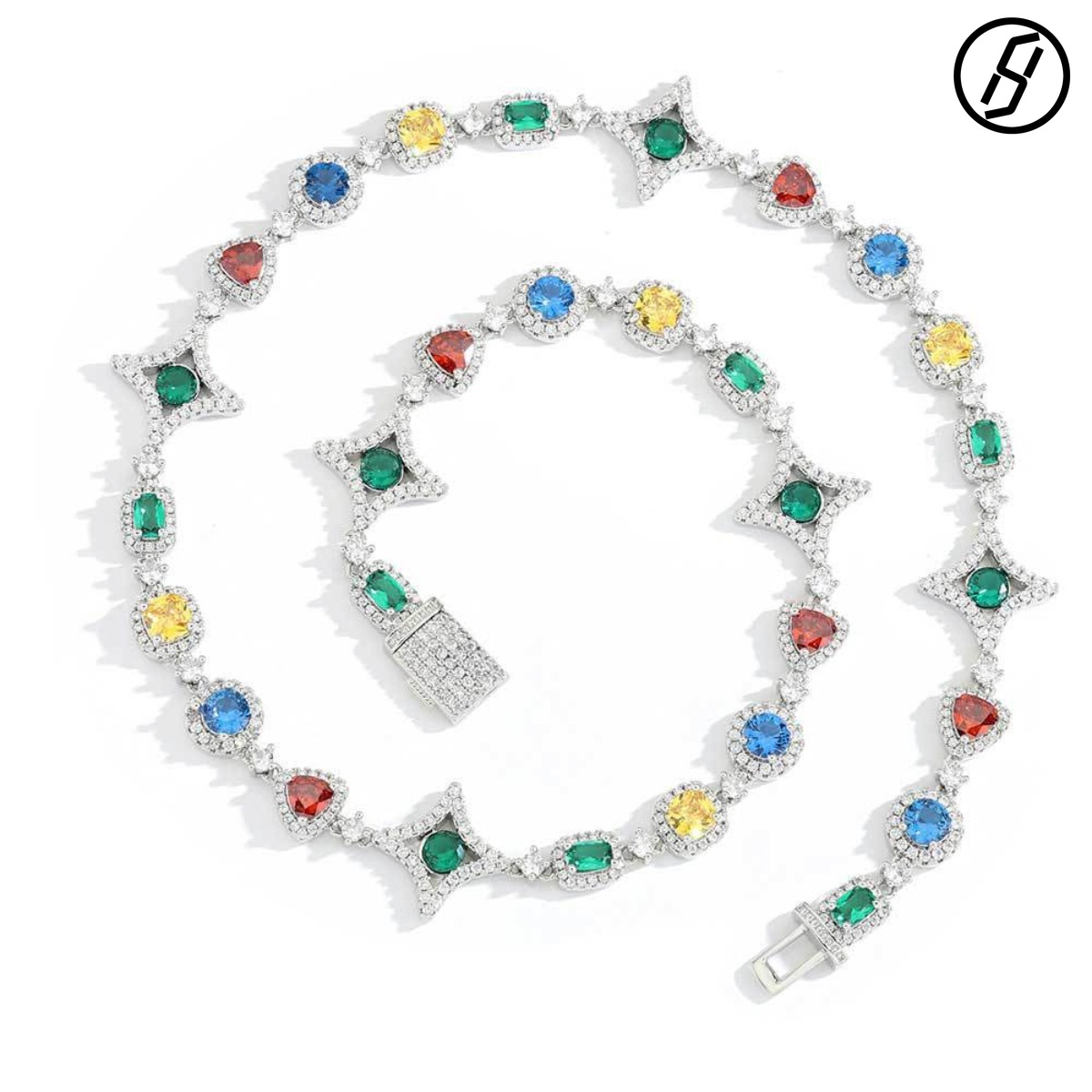 European and American Cross-border Jewelry Hip-hop Color Gemstone Necklace Designer Jewelry Women High-grade Zircon Men's Cross Bracelet Origin
