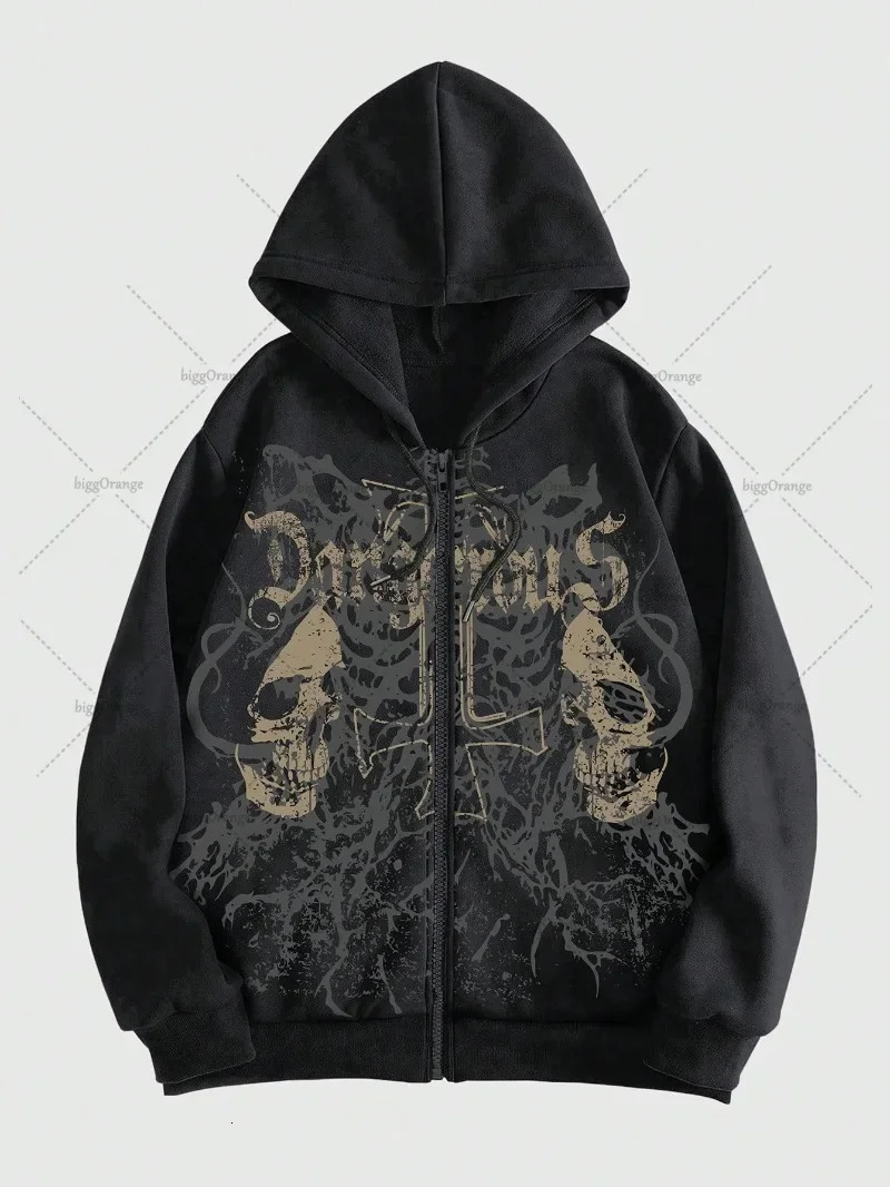 Street Hip-hop Demon Skull Pattern Casual Loose Zipper Hoodie Men Retro Harajuku Y2K Fashion Cotton Sweatshirt Women 250815