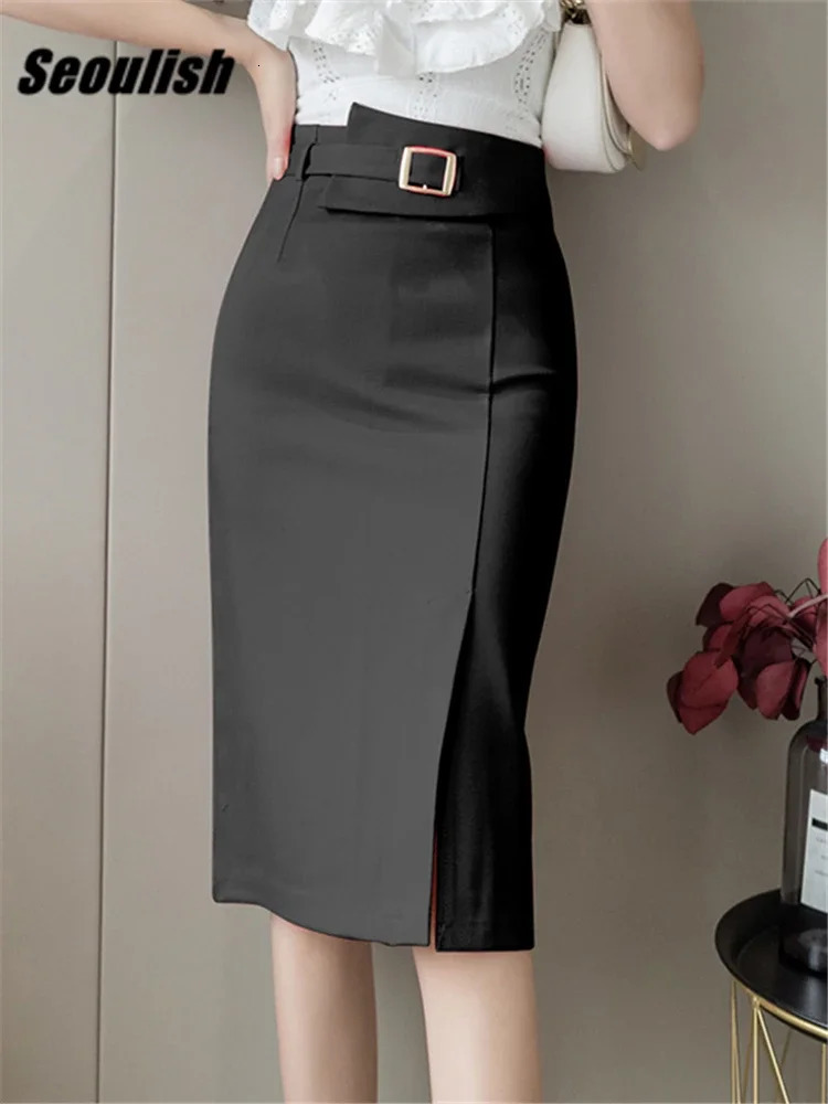 Seoulish Spring Summer Buttons Womens Wrap Midi Skirts High Waist Workwear Front Split Sheath Pencil Female 250818